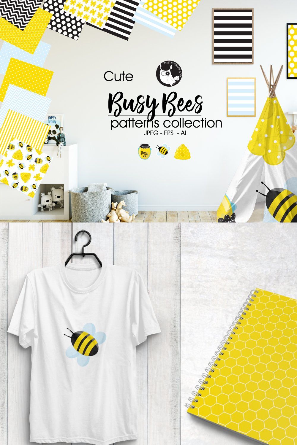 BUSY BEES Pattern collection pinterest preview image.