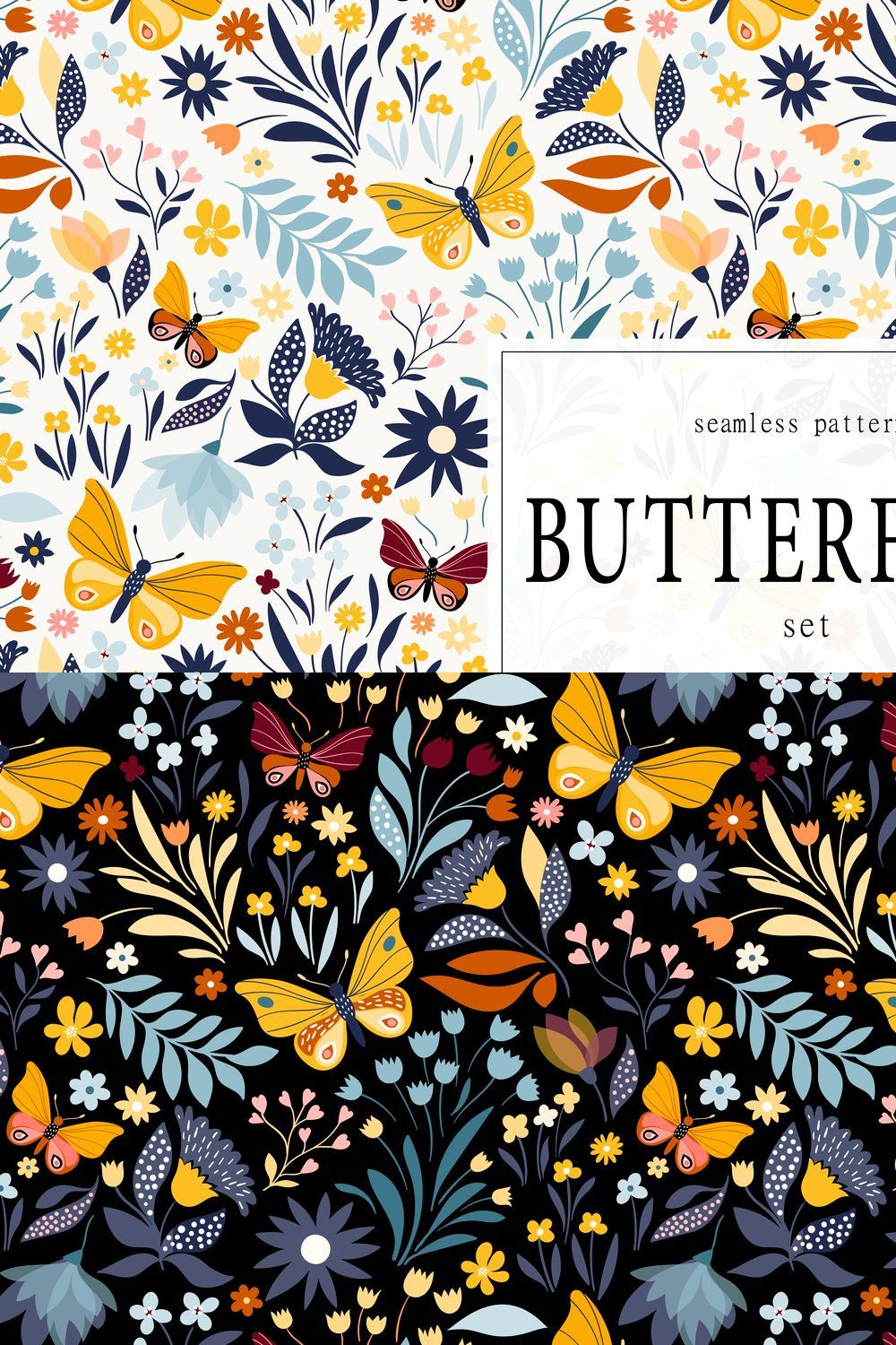 Butterflies seamless patterns set pinterest preview image.