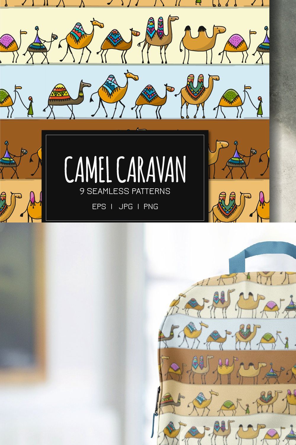 Camels caravan. 9 seamless pattern pinterest preview image.
