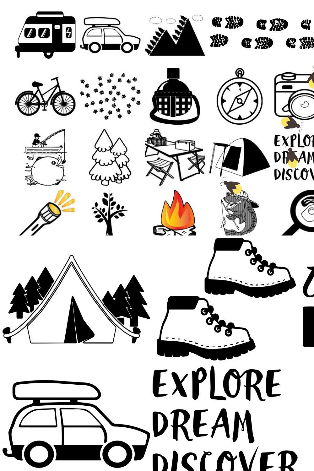 Camping Doodle/Silhouette AI EPS PNG pinterest preview image.
