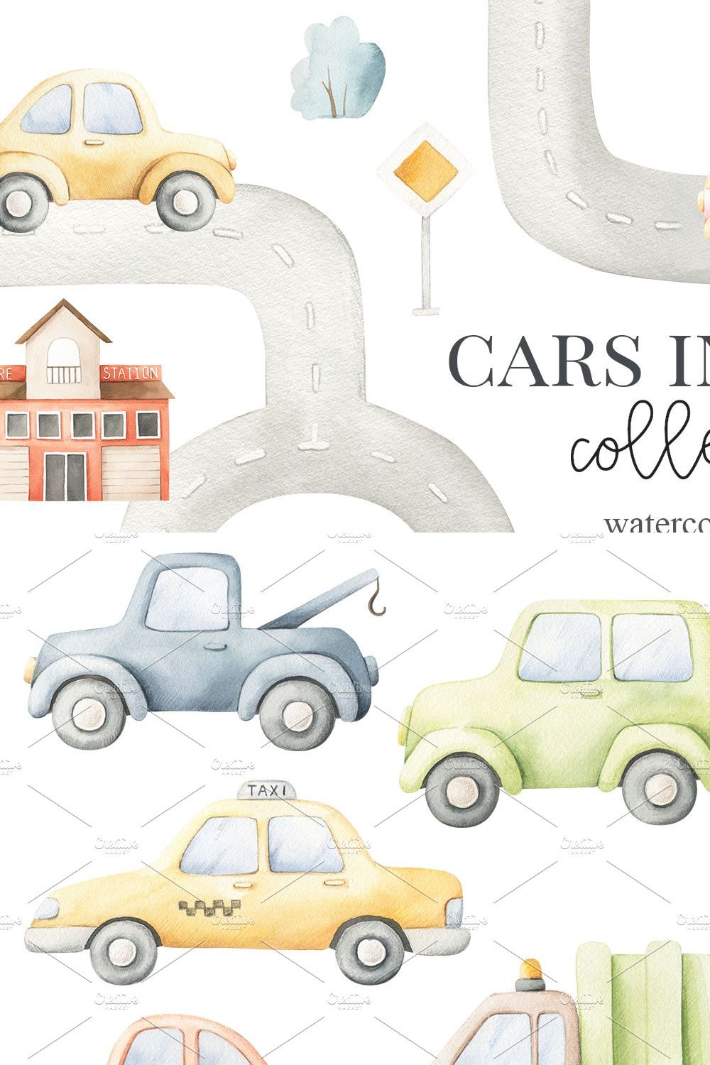 Cars in Town - Watercolor Set pinterest preview image.