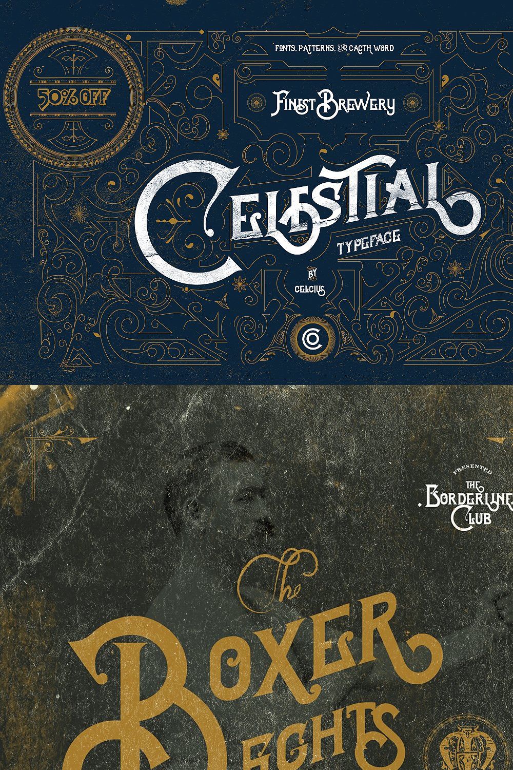 Celestial Fonts & Vintage Pattern pinterest preview image.
