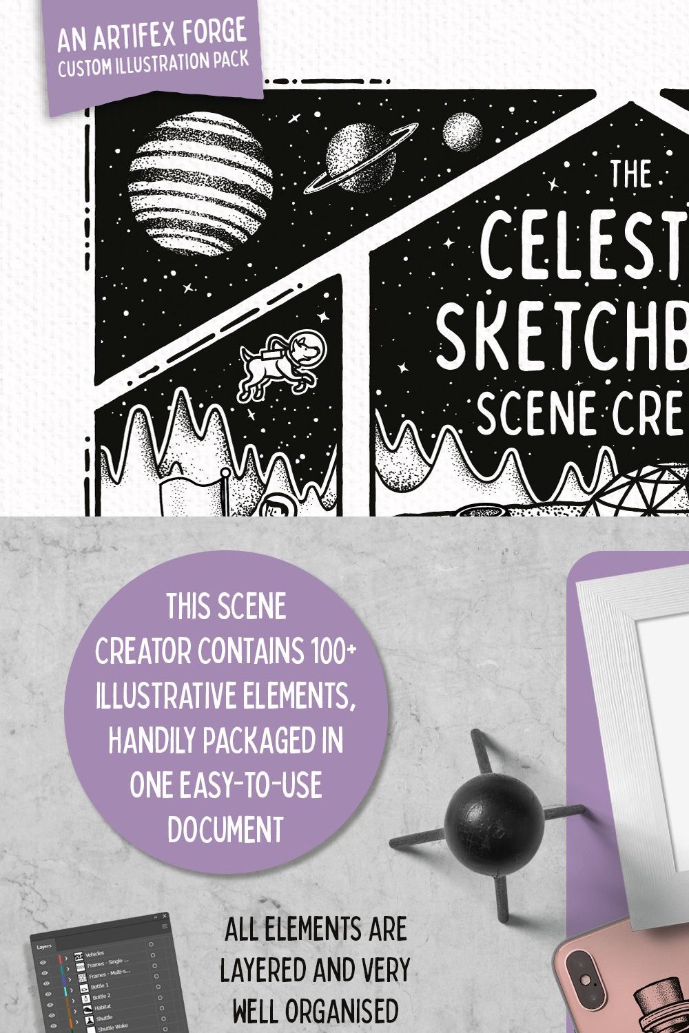 Celestial Sketchbook - Scene Creator pinterest preview image.
