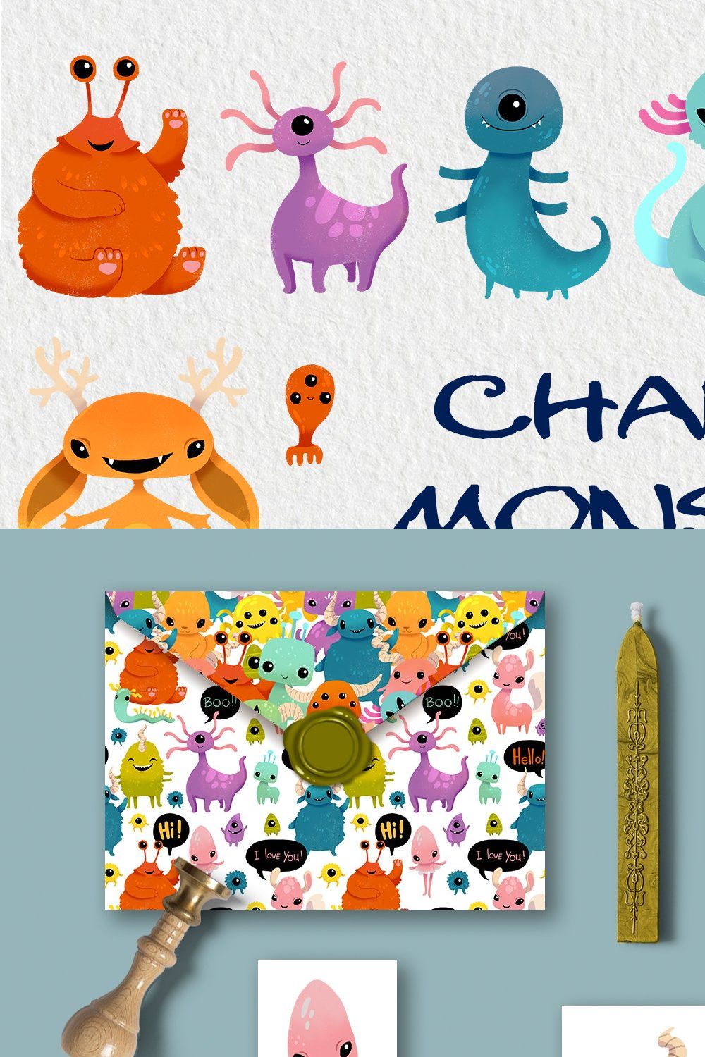 Charming Monsters Clipart & Patterns pinterest preview image.