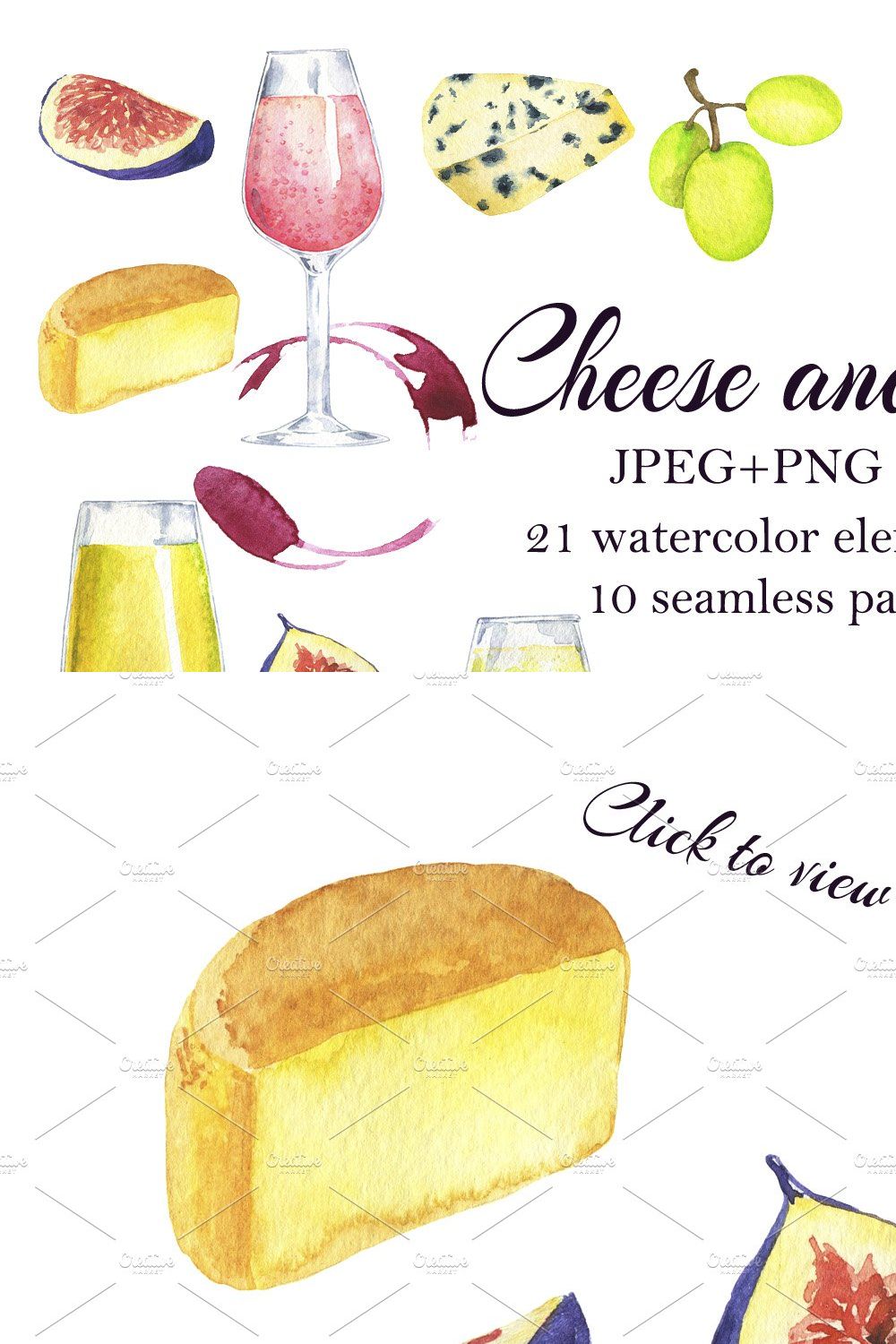 Cheese and wine watercolor pinterest preview image.
