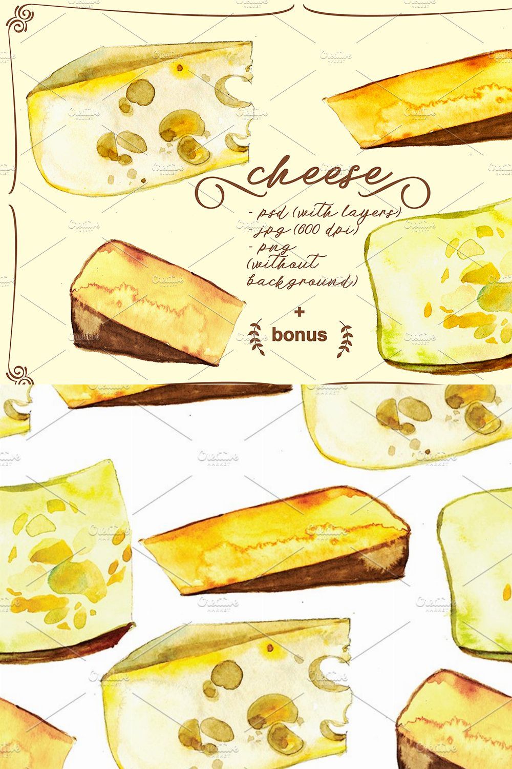cheese, watercolor, seamless pattern pinterest preview image.