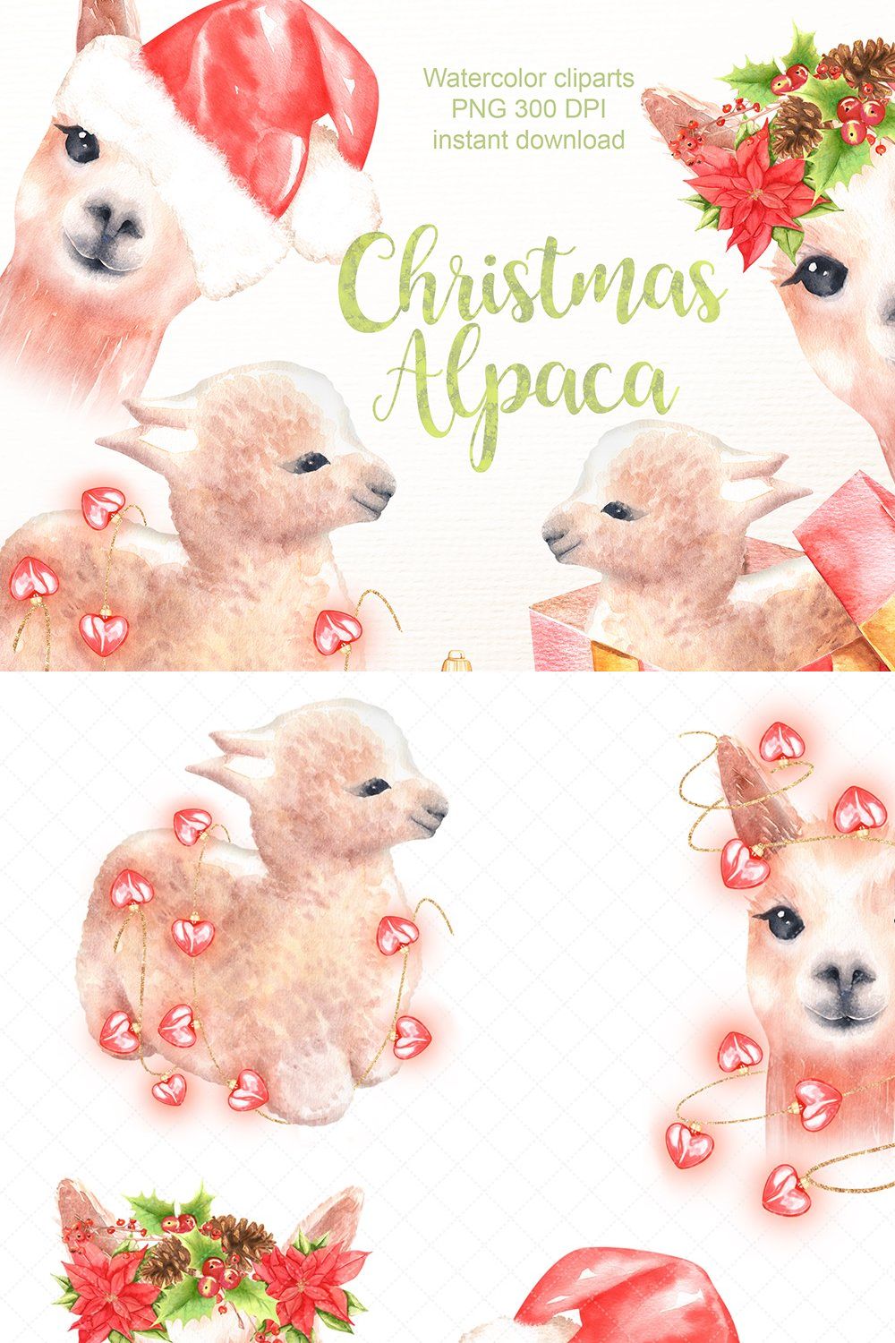 Christmas alpaca clipart. pinterest preview image.
