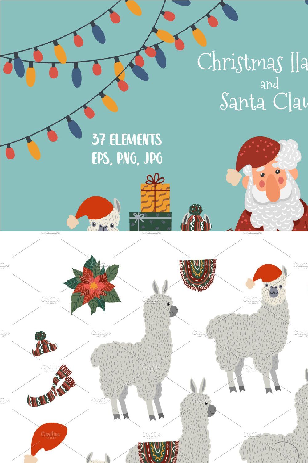 Christmas llamas and Santa clipart pinterest preview image.