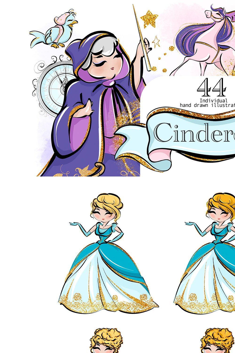 Cinderella Clipart set pinterest preview image.