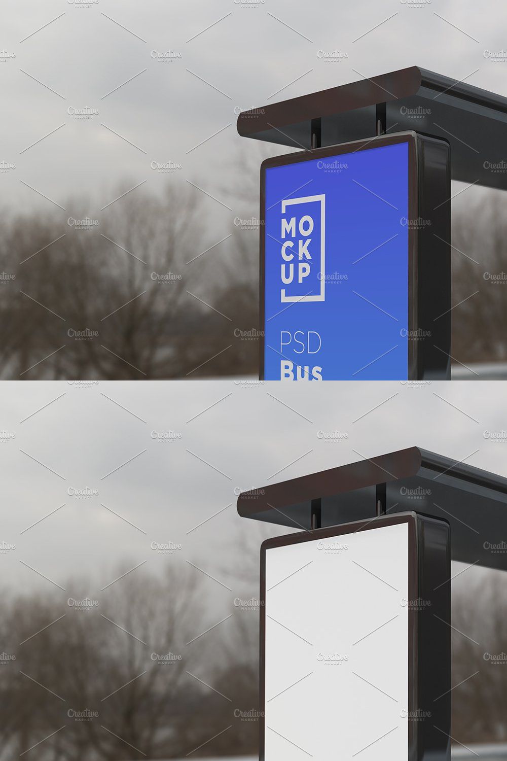 City Bus Stop with 2 Sign Mockup pinterest preview image.