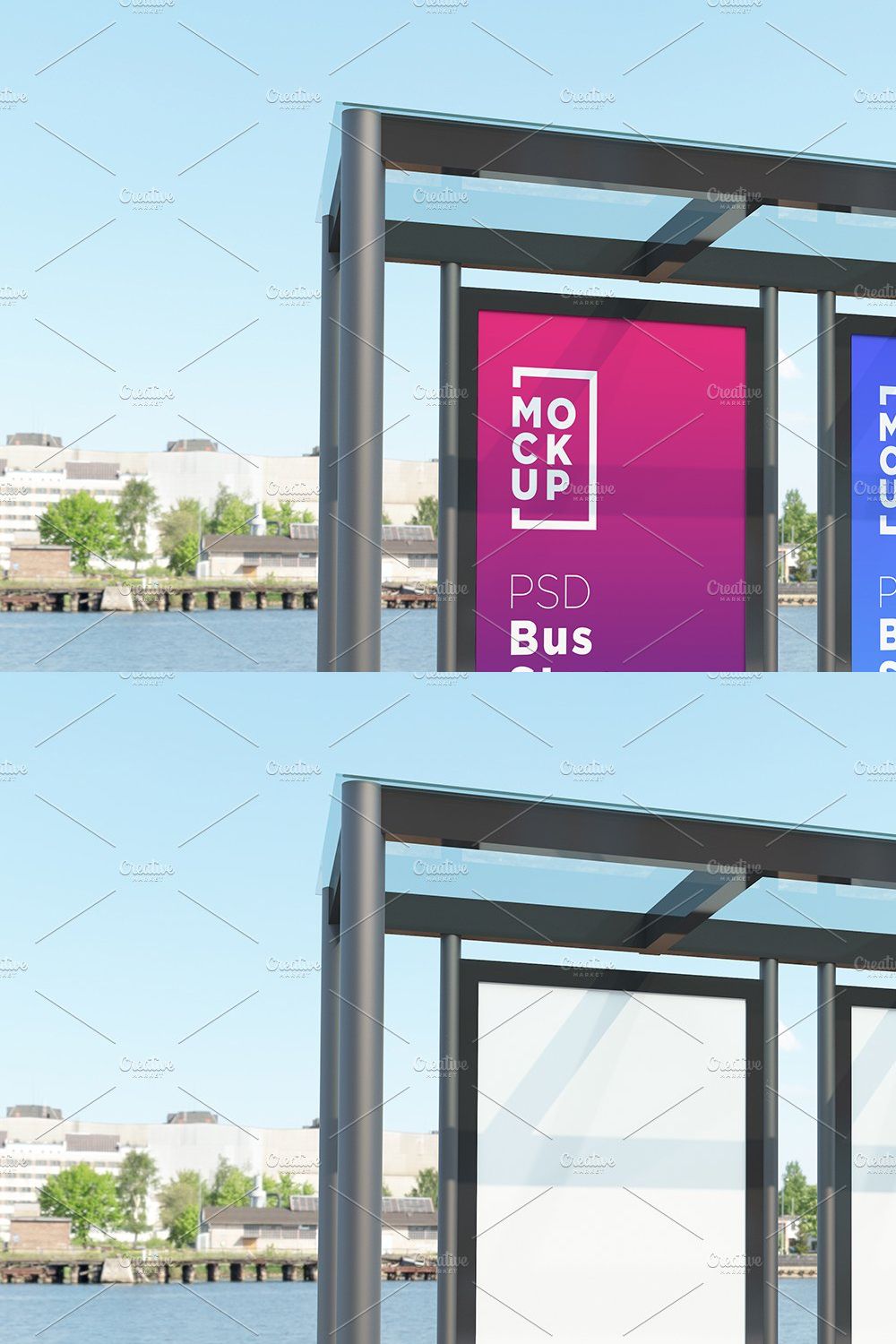 City Bus Stop with 2 Sign Mockup pinterest preview image.