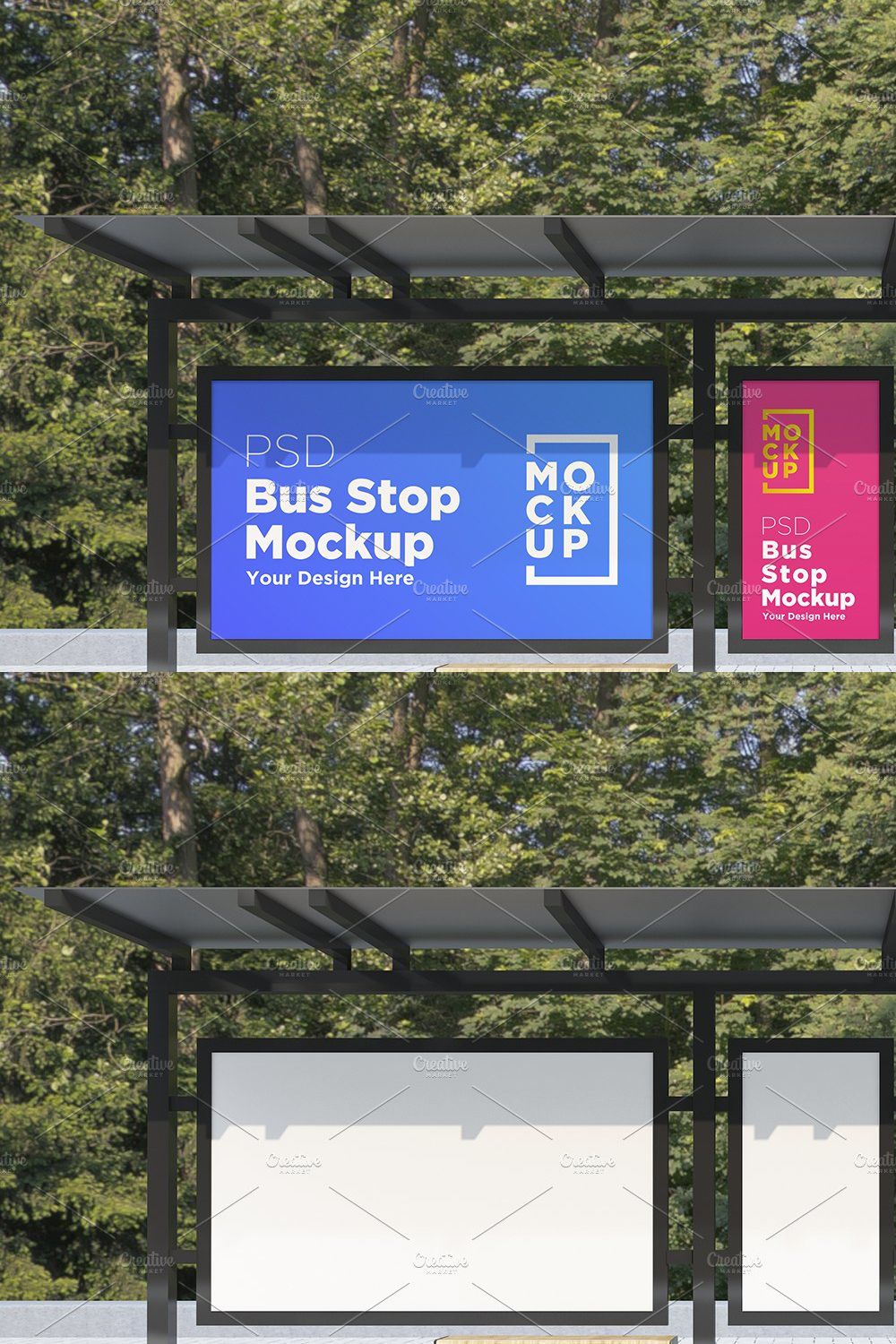 City Bus Stop with 3 Sign Mockup pinterest preview image.