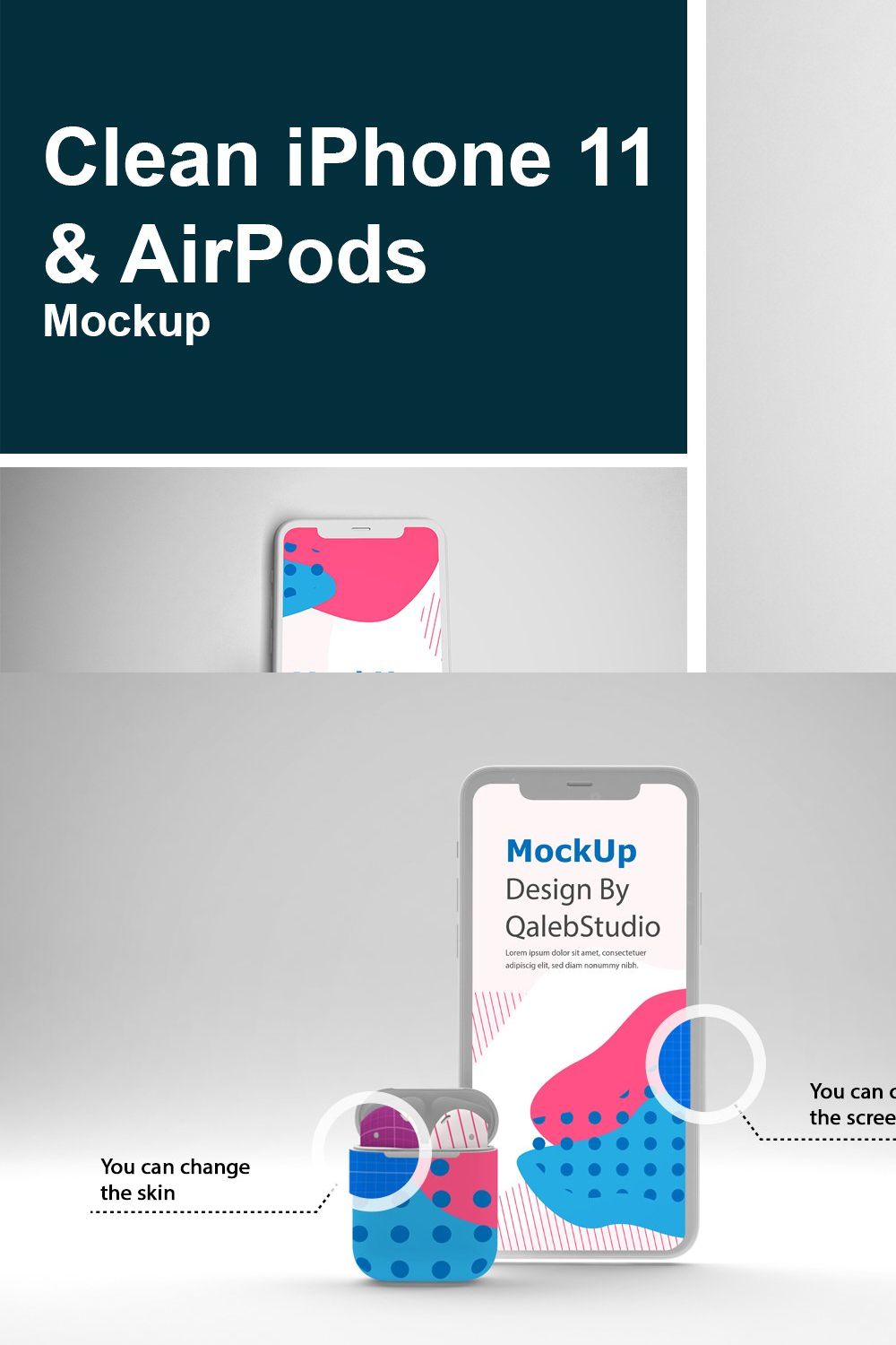 Clean iPhone 11 & AirPods Mockup pinterest preview image.