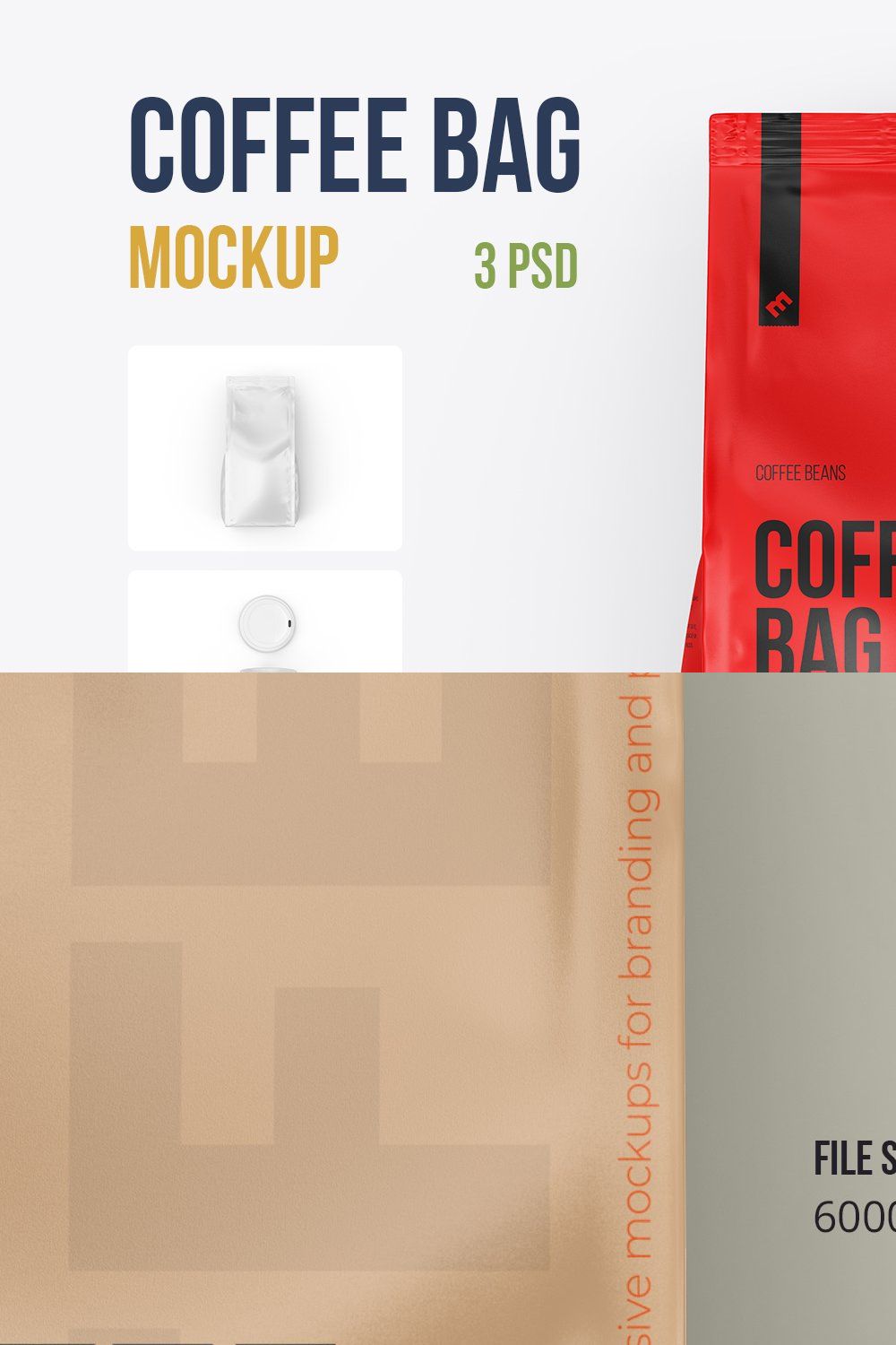 Coffee Bag with Cup, top view mockup pinterest preview image.