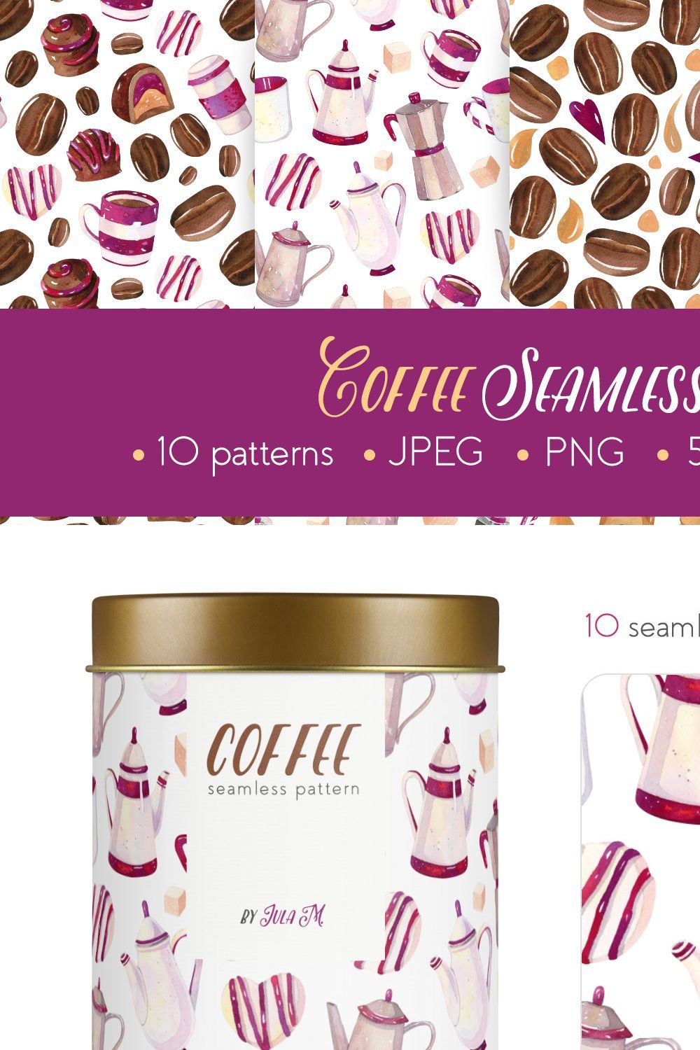 Coffee Watercolor Seamless Patterns pinterest preview image.