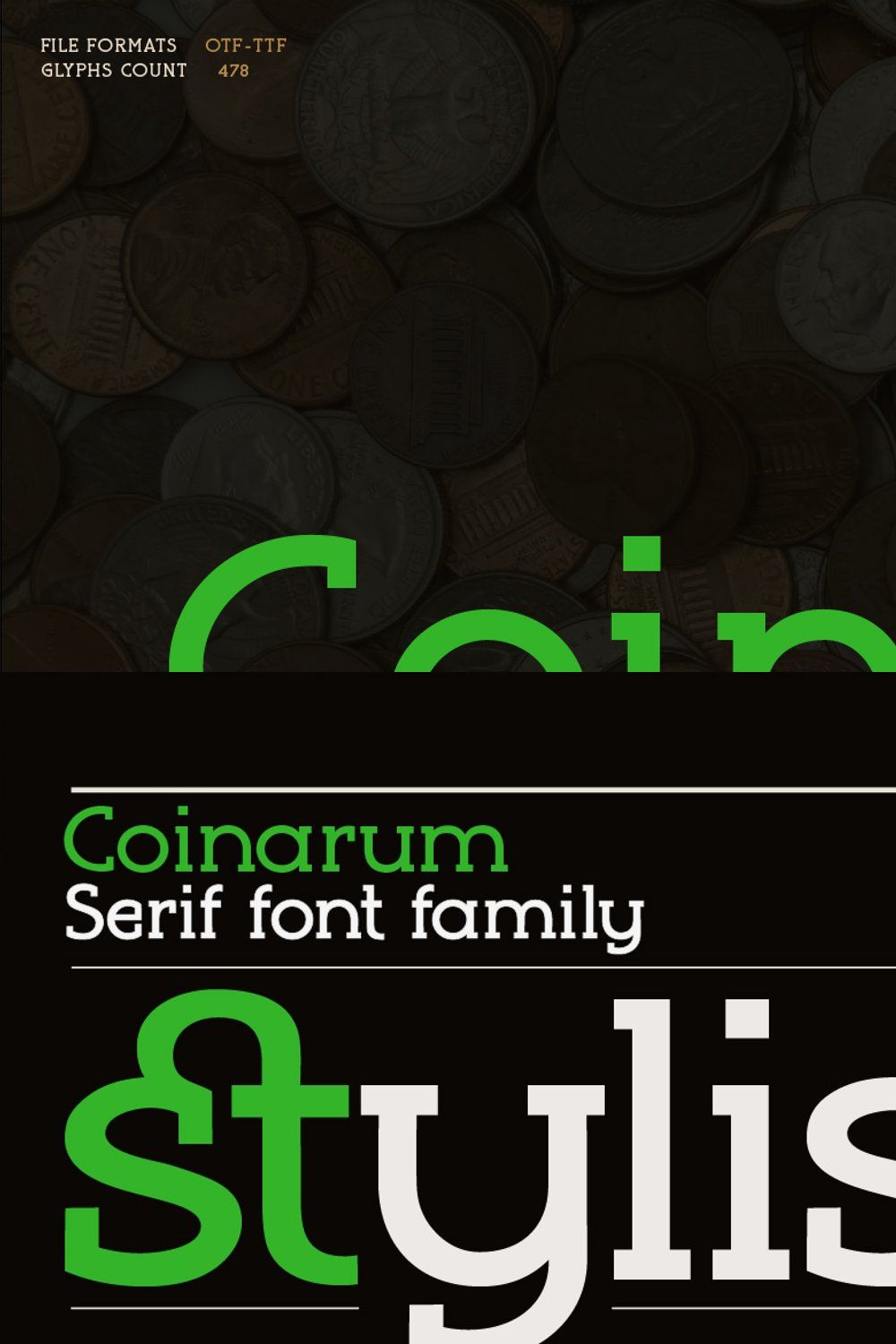 Coinarum - Serif font family pinterest preview image.