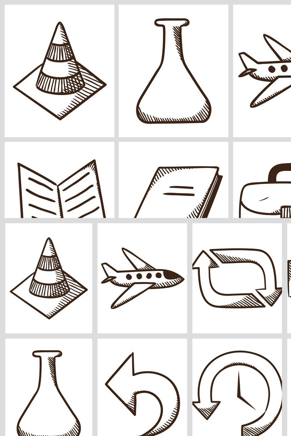 Collection of icons in sketch style pinterest preview image.