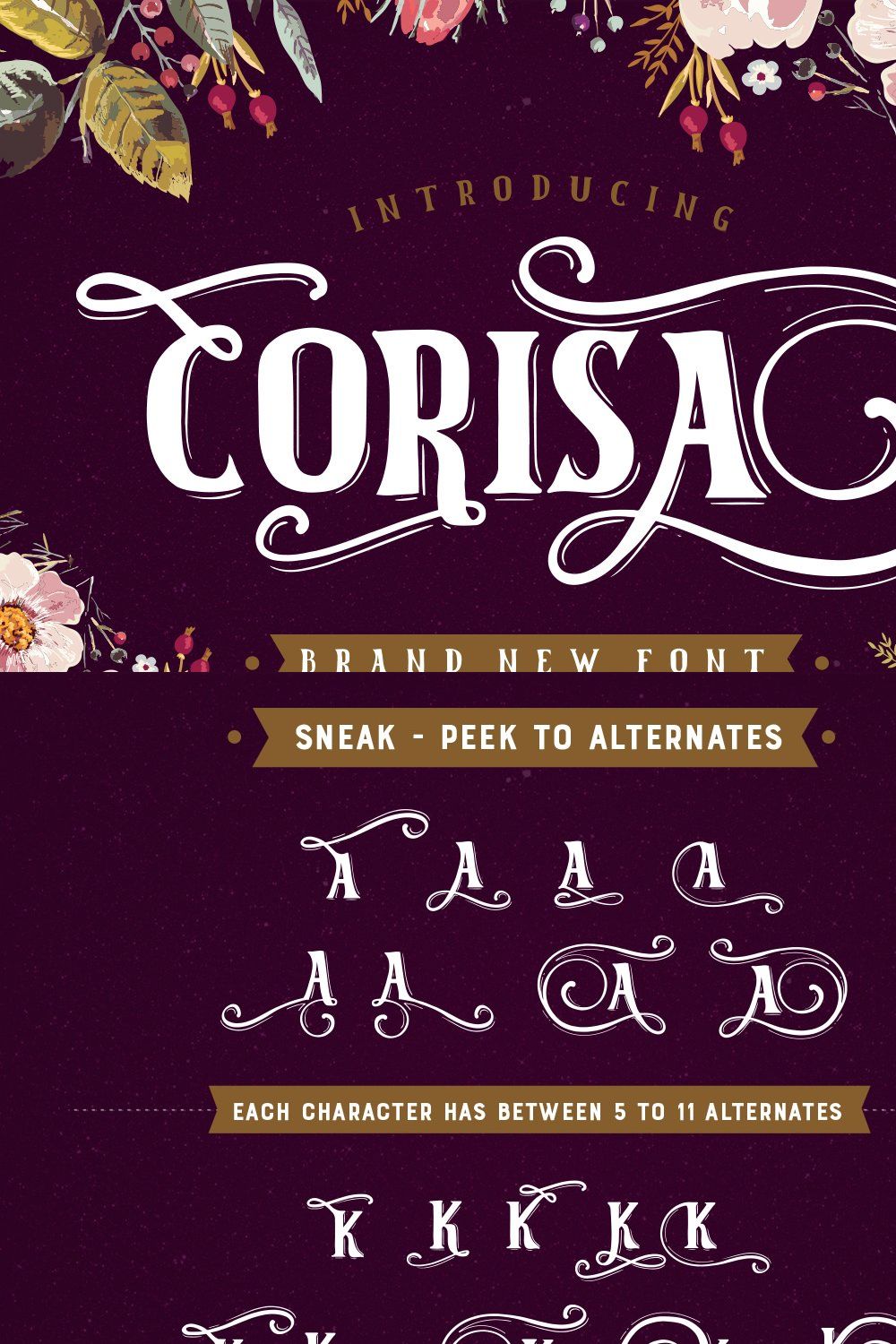 Corisa display font with swashes pinterest preview image.