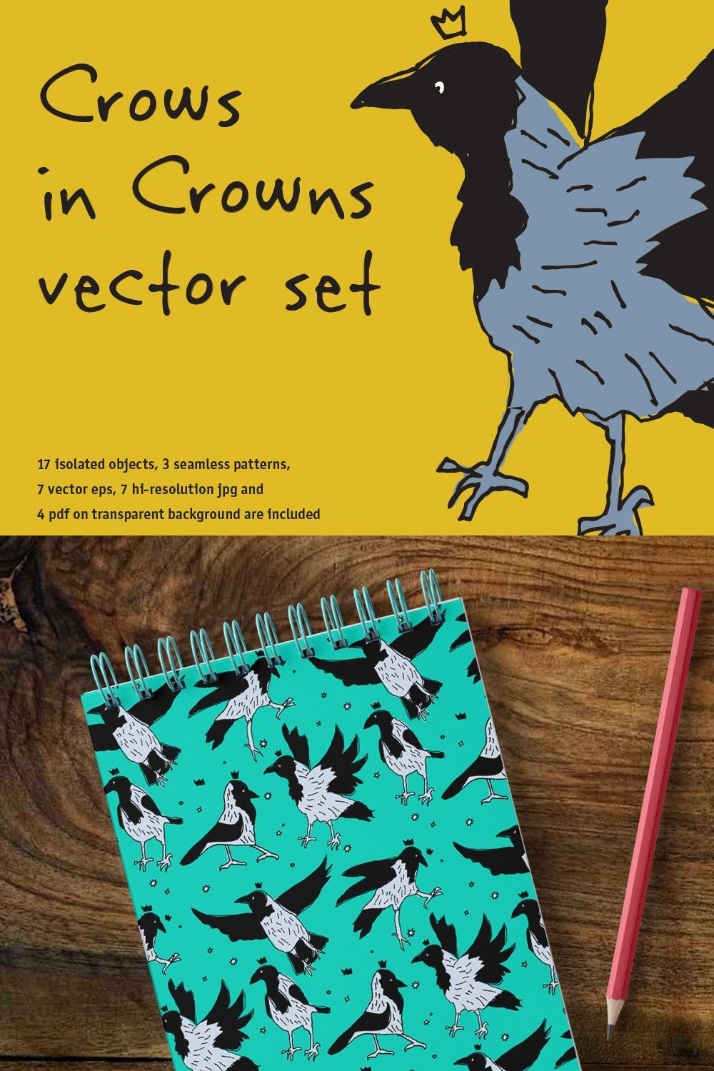 Crows in Crowns vector set pinterest preview image.