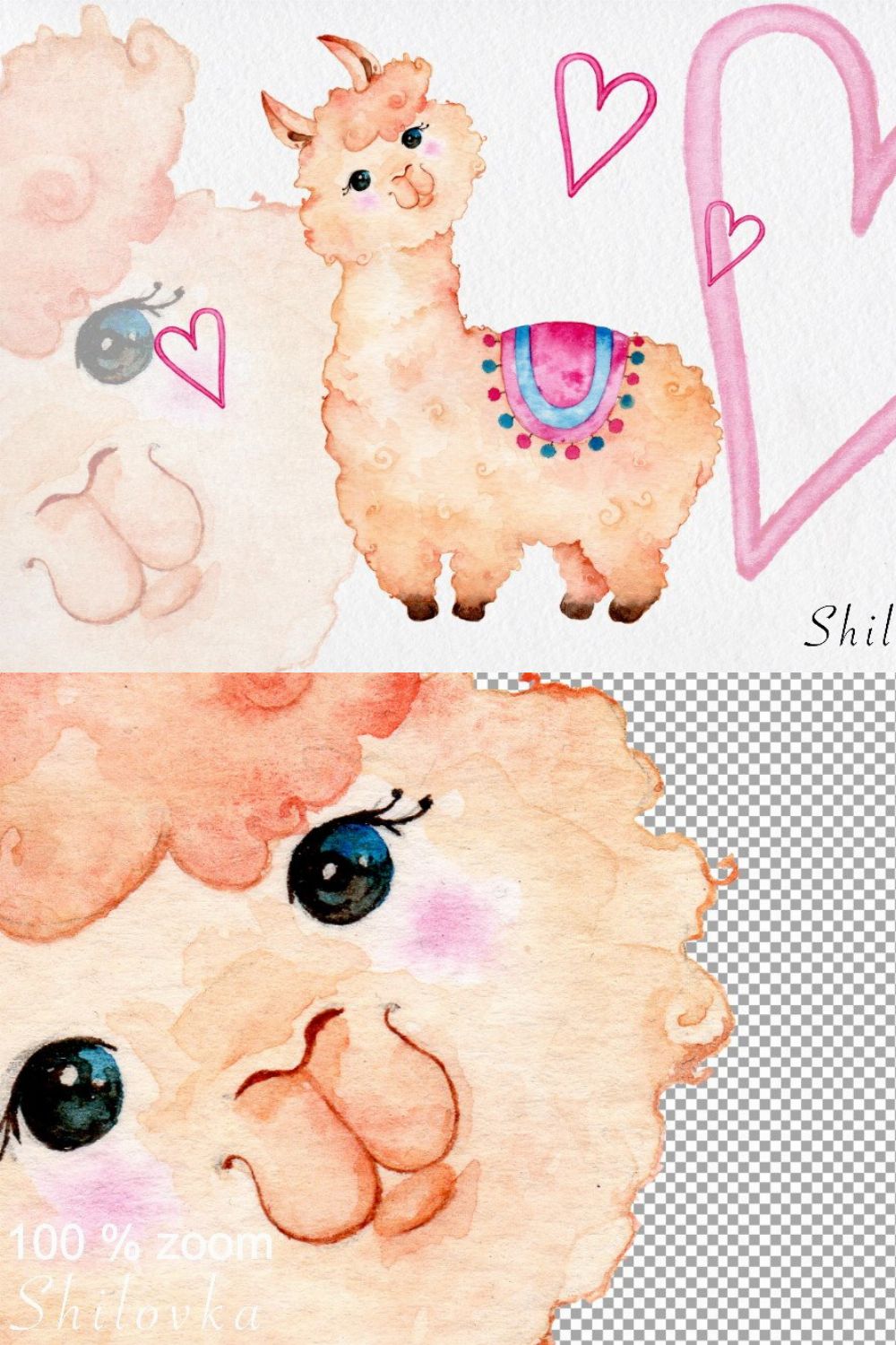 Cute Alpaca. Watercolor illustration pinterest preview image.