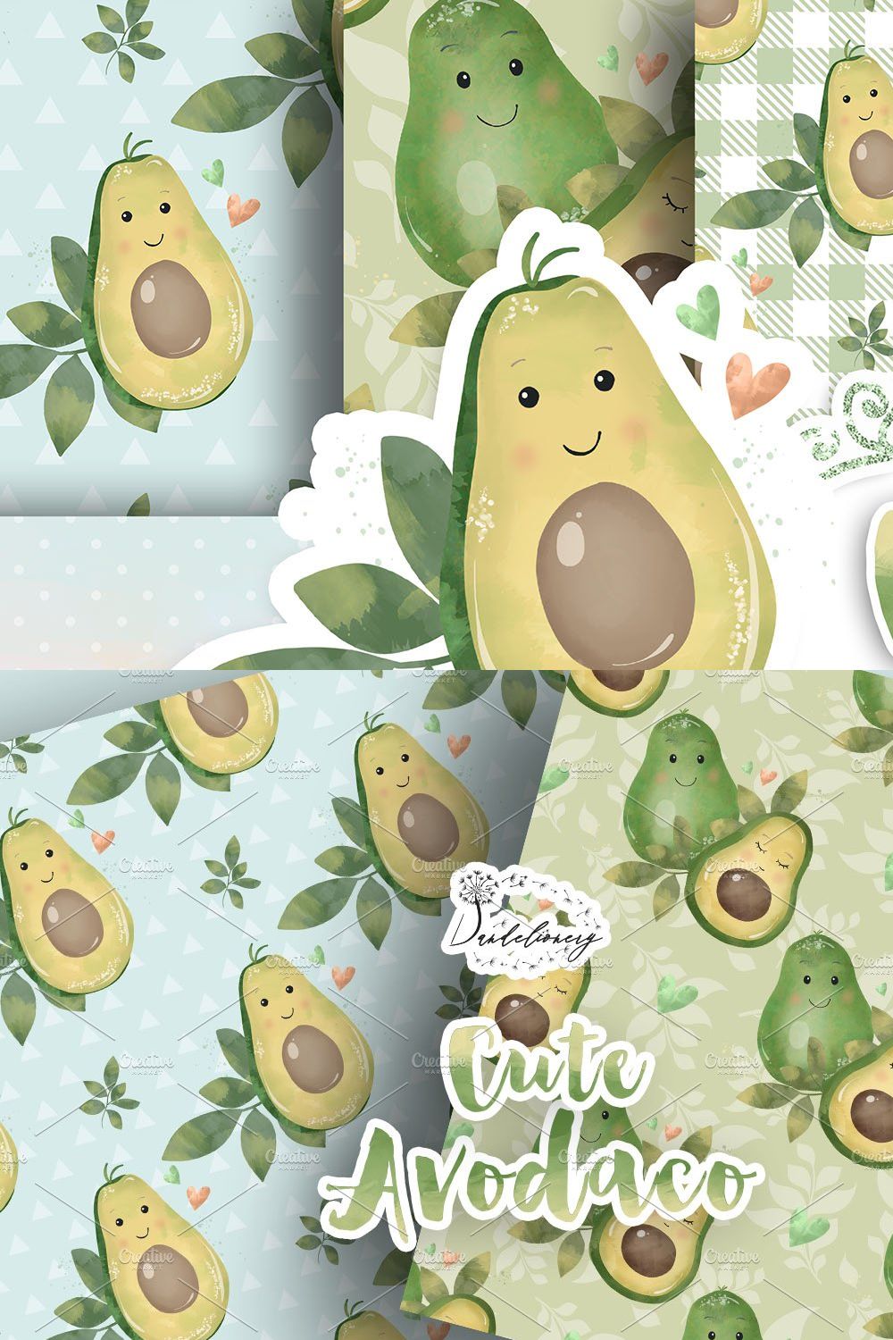 Cute Avocado digital paper pack pinterest preview image.