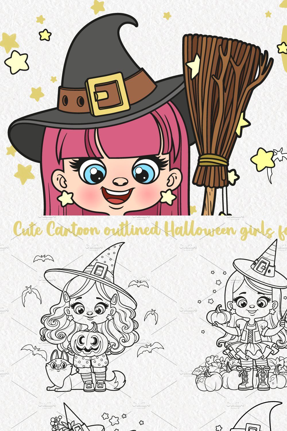 Cute cartoon Halloween witch girls pinterest preview image.