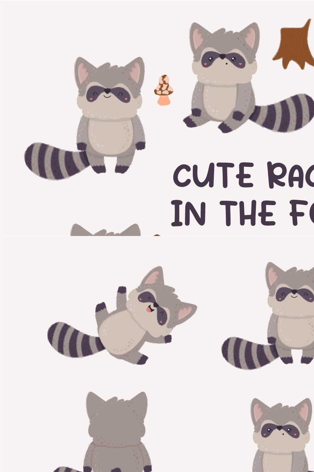 Cute cartoon raccoons set. pinterest preview image.