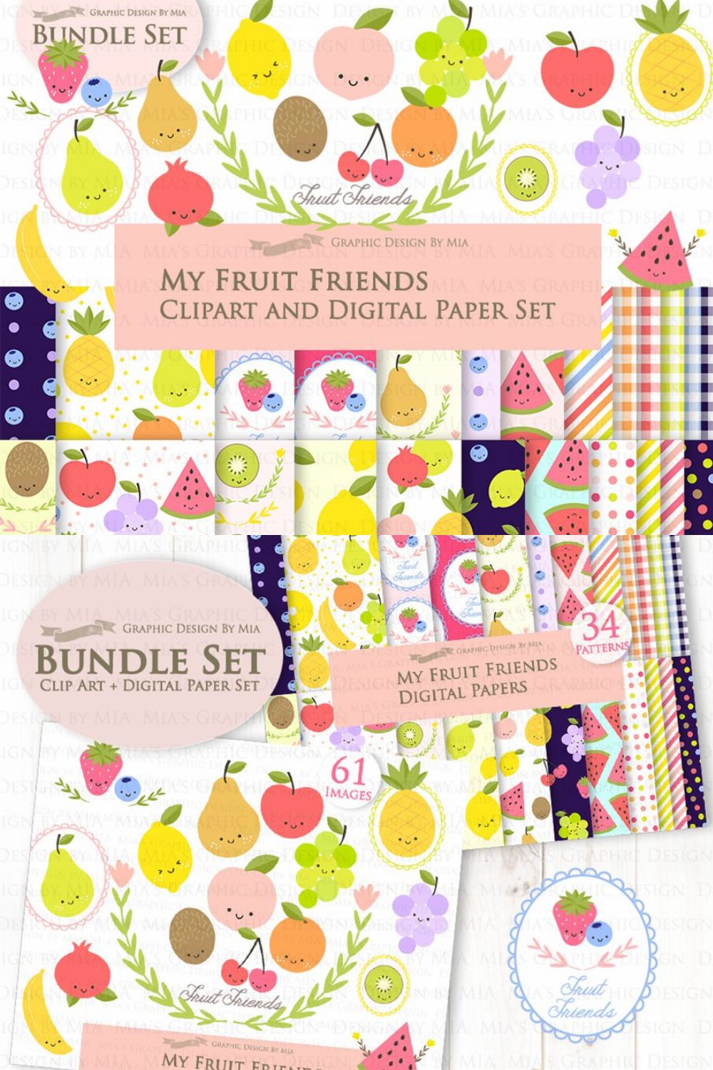 Cute Fruit Friends Clipart+Pattern pinterest preview image.