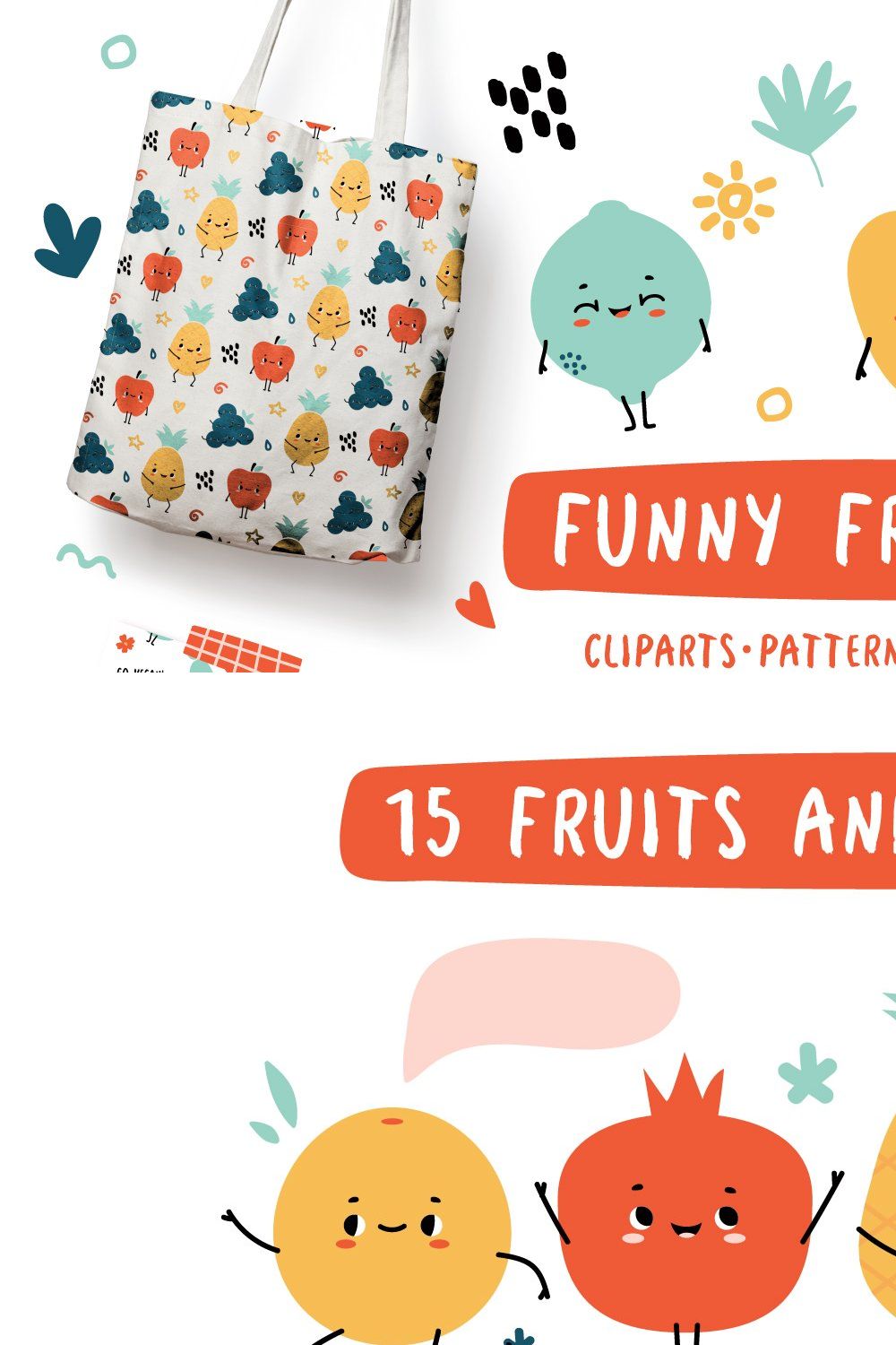 Cute kawaii fruit clipart + patterns pinterest preview image.