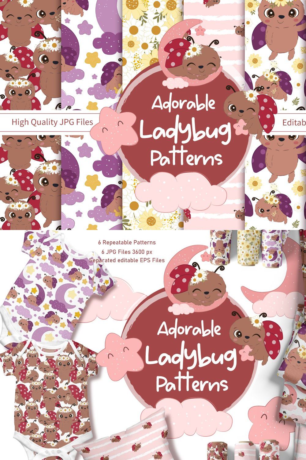 Cute Ladybug Seamless Pattern pinterest preview image.