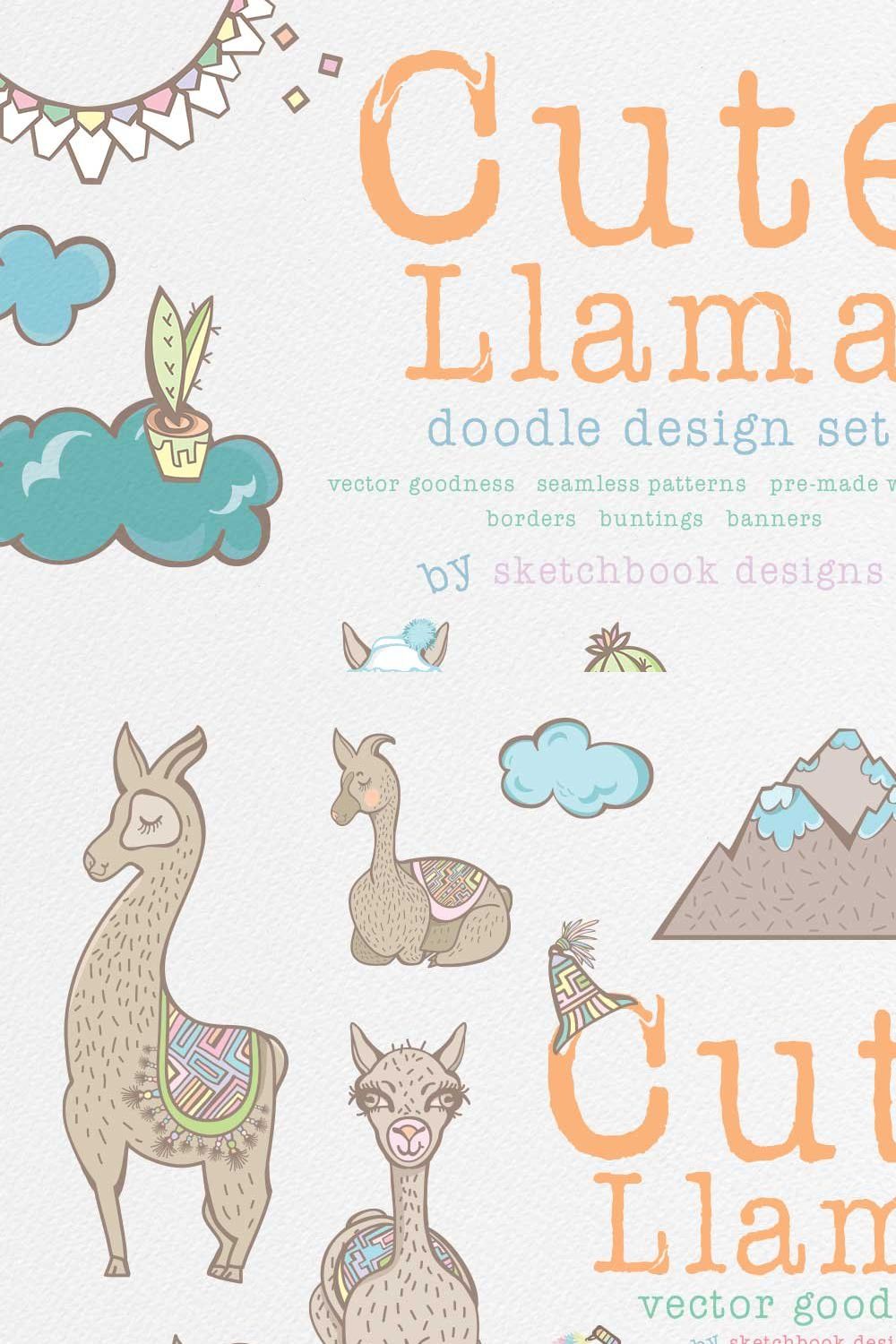 Cute Llama Doodle Design Set pinterest preview image.