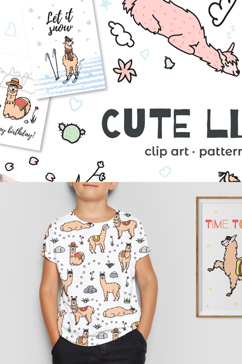 Cute llamas: big clipart&pattern set pinterest preview image.