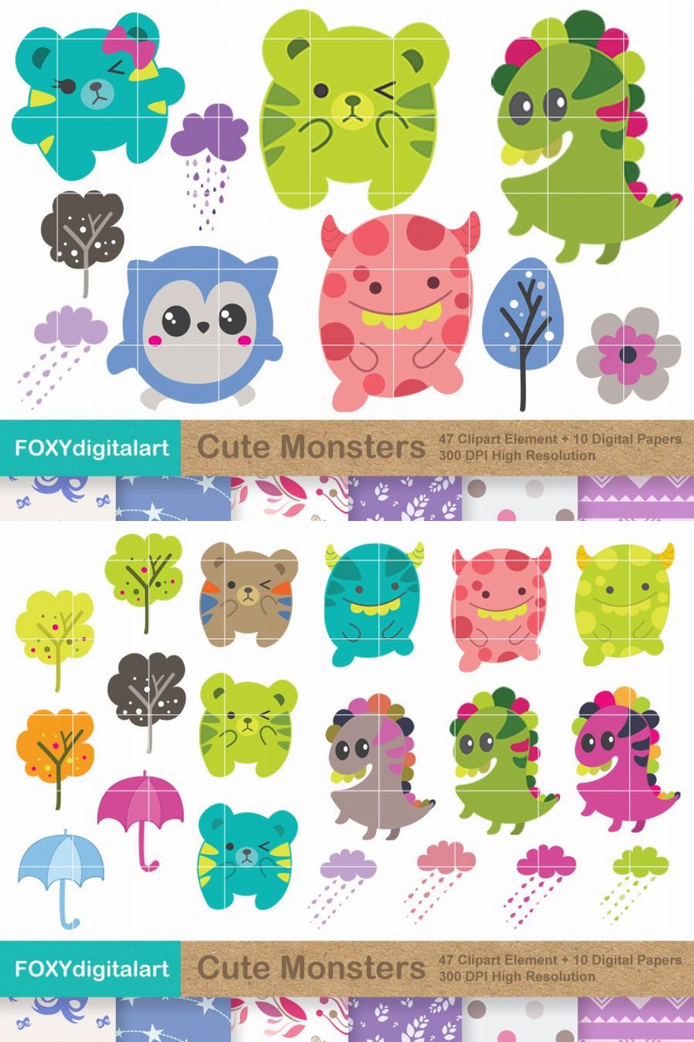 Cute Monster Clipart & Digital Paper pinterest preview image.