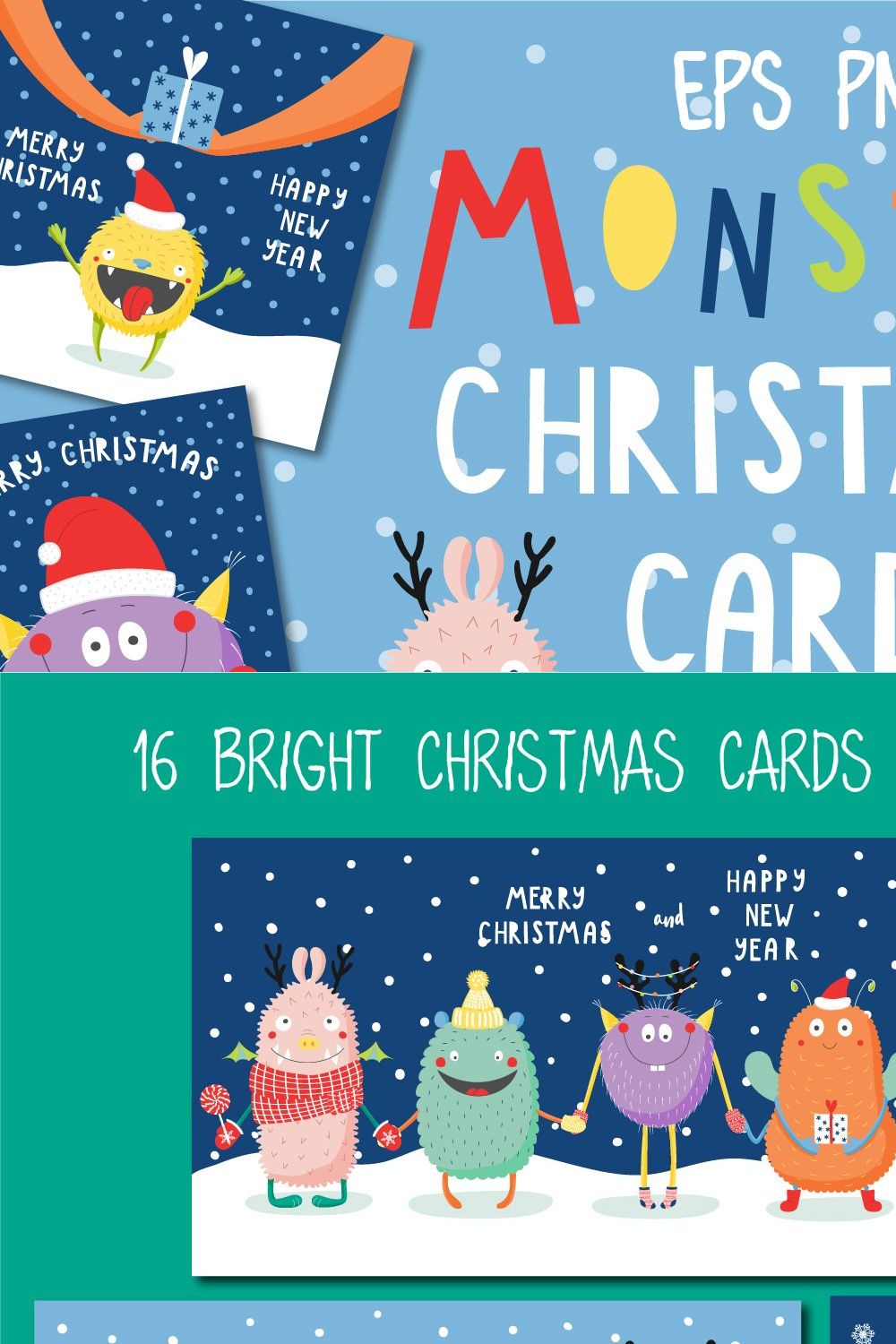 Cute Monsters Christmas Cards pinterest preview image.