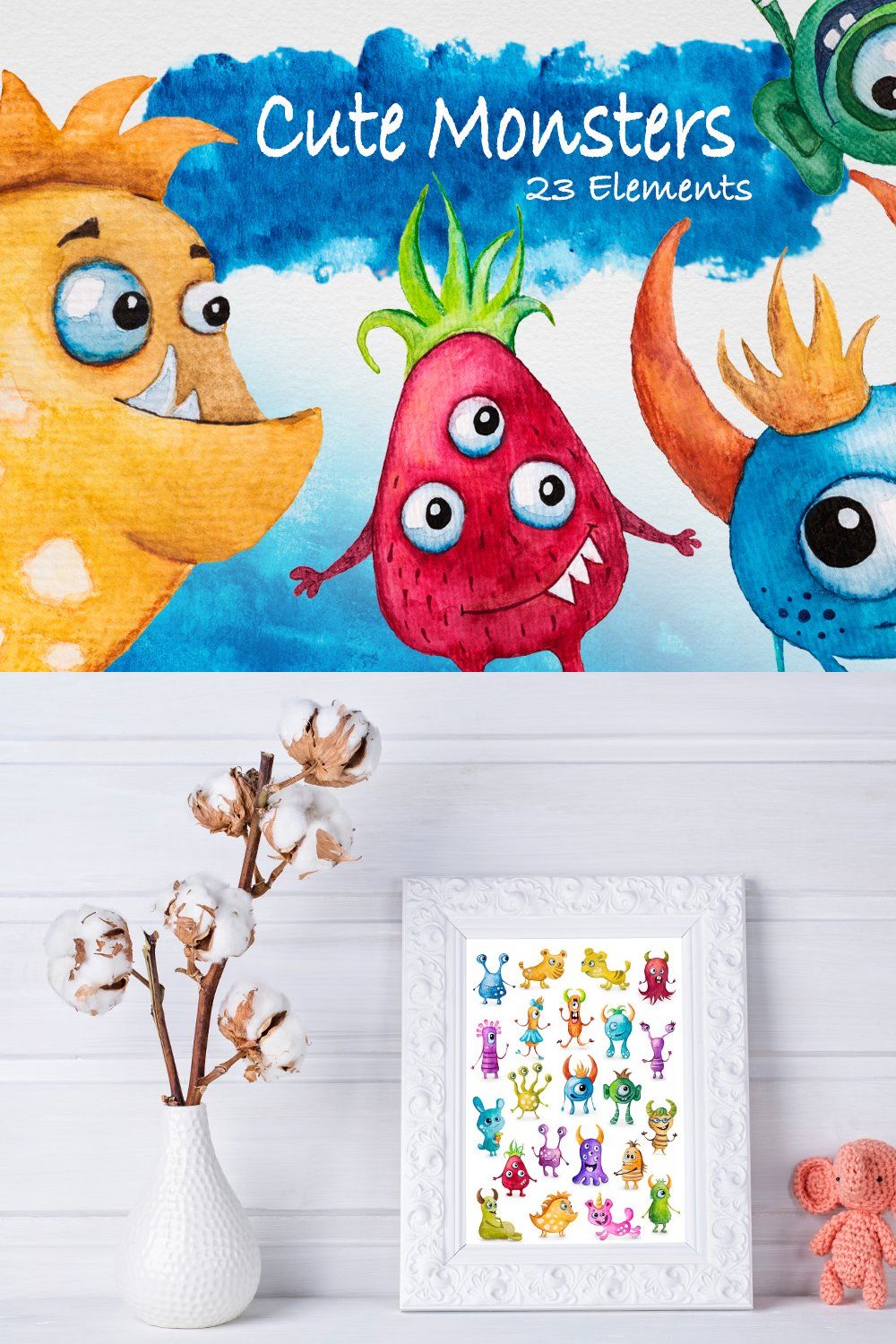 Cute Monsters PNG Watercolor pinterest preview image.