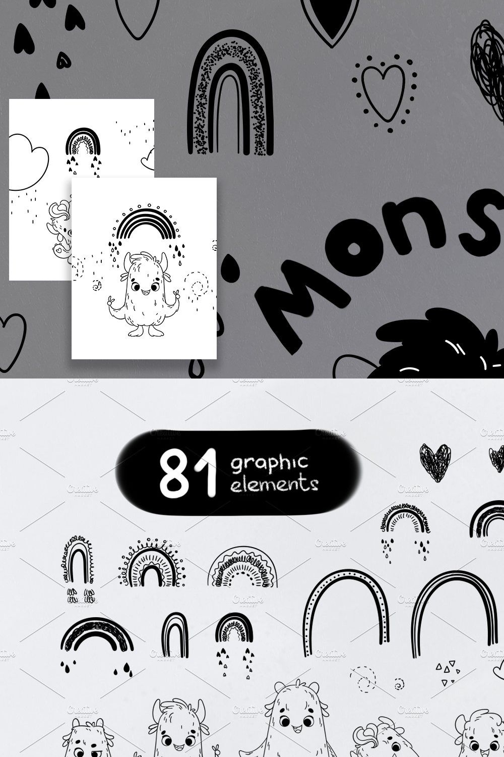 Cute monsters. graphic pinterest preview image.