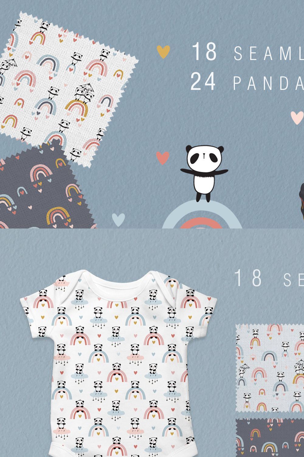 Cute pandas & rainbows  patterns pinterest preview image.