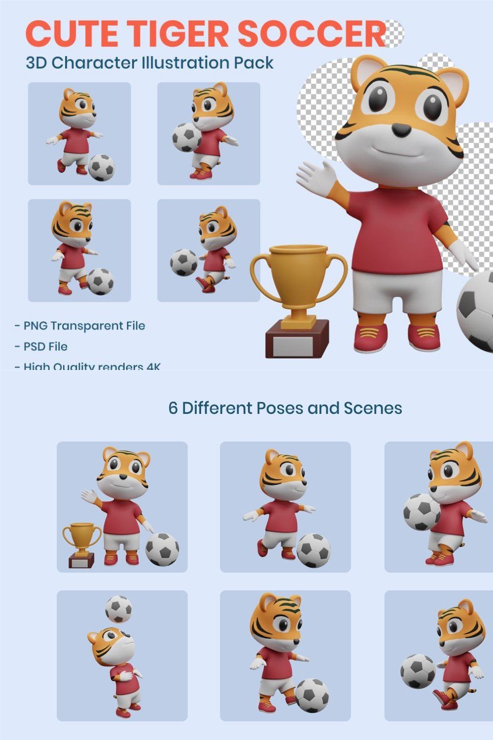 Cute Tiger Soccer 3d Character pinterest preview image.