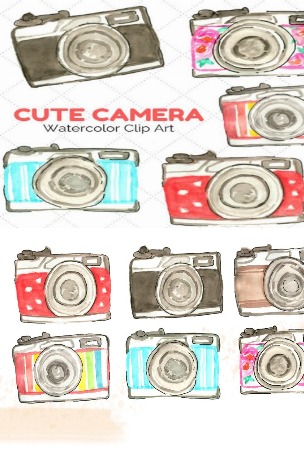 Cute Watercolor Cameras pinterest preview image.