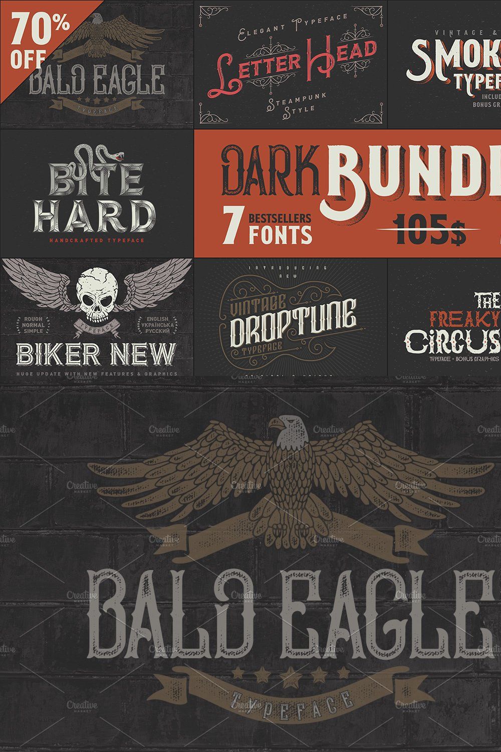 Dark Bundle: 7 Bestseller Fonts pinterest preview image.