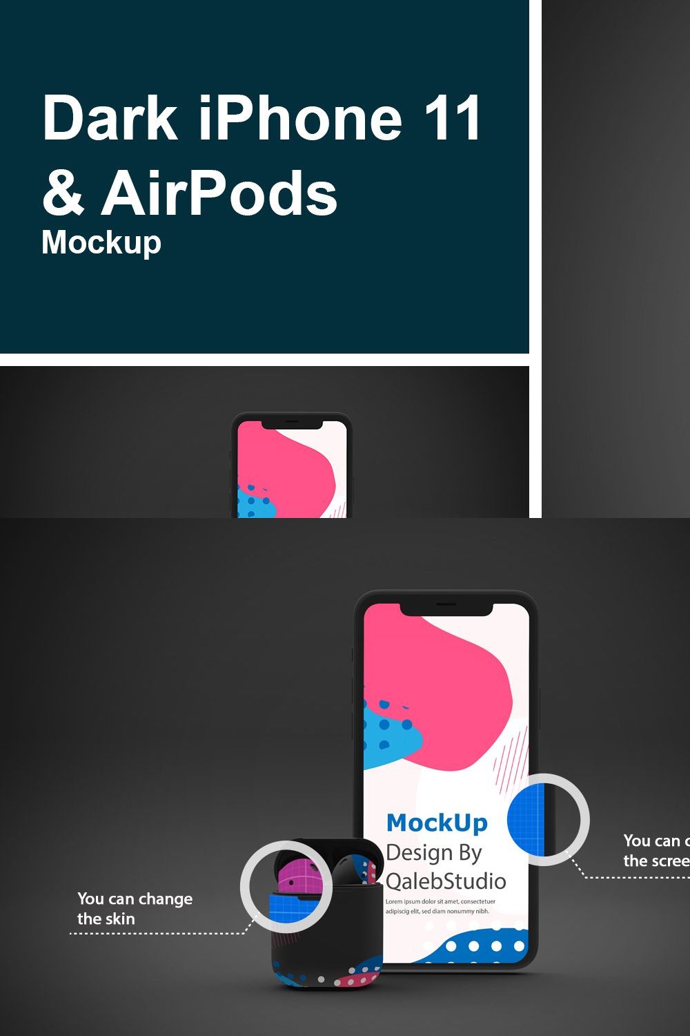 Dark iPhone 11 & AirPods Mockup pinterest preview image.