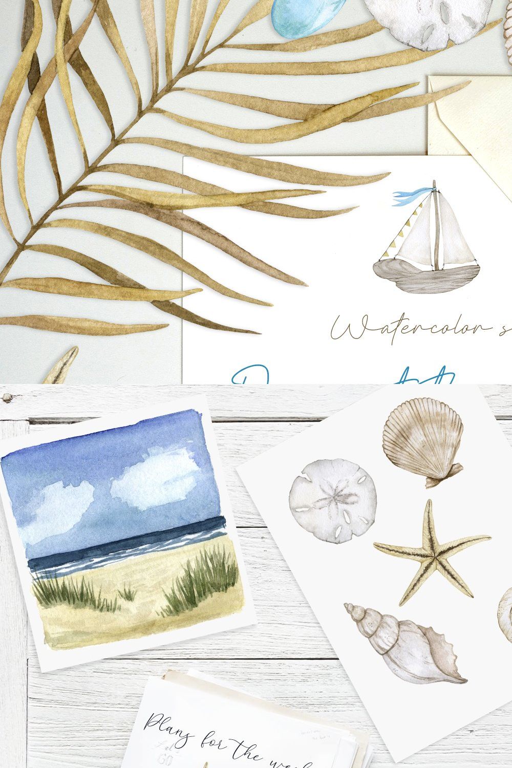 Day at the beach watercolor set pinterest preview image.