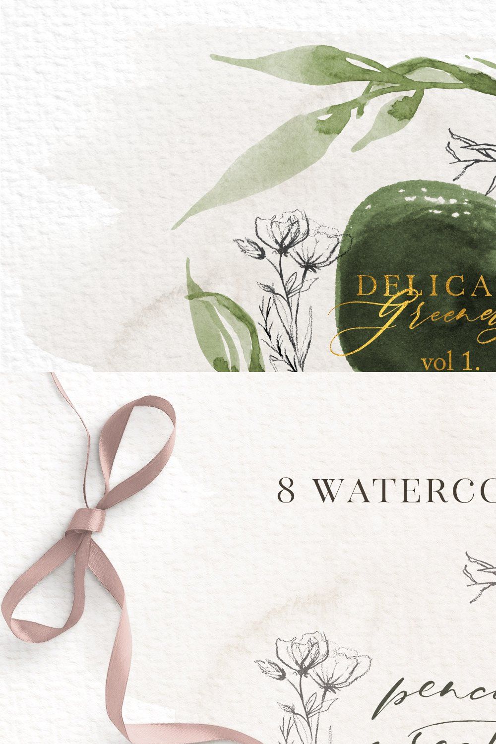 Delicate Greenery Watercolor+Pencil pinterest preview image.