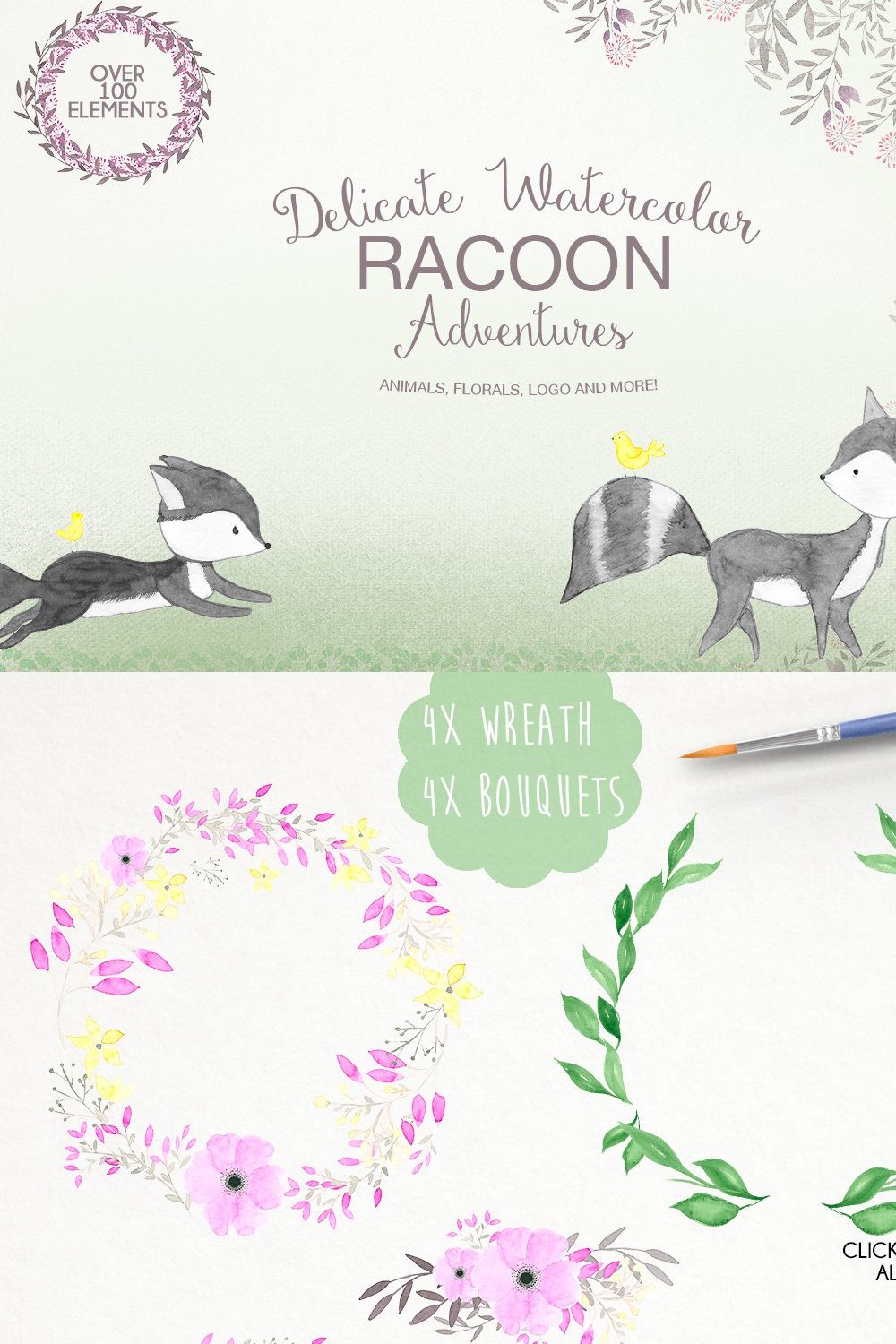 Delicate watercolor Racoon pinterest preview image.