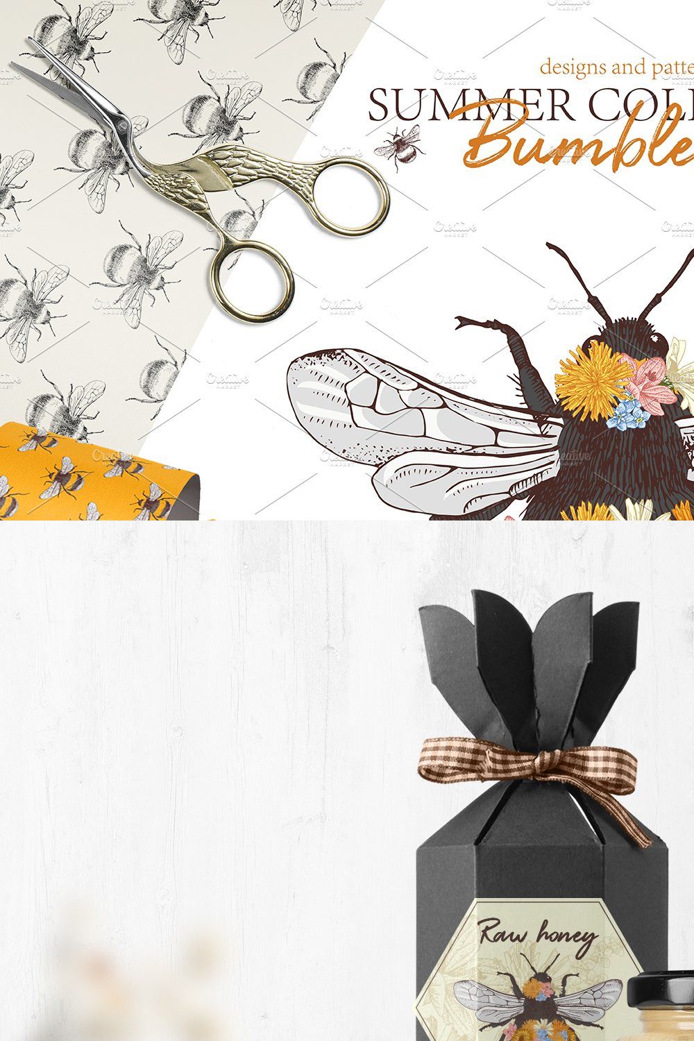 Designs and patterns with bumblebees pinterest preview image.
