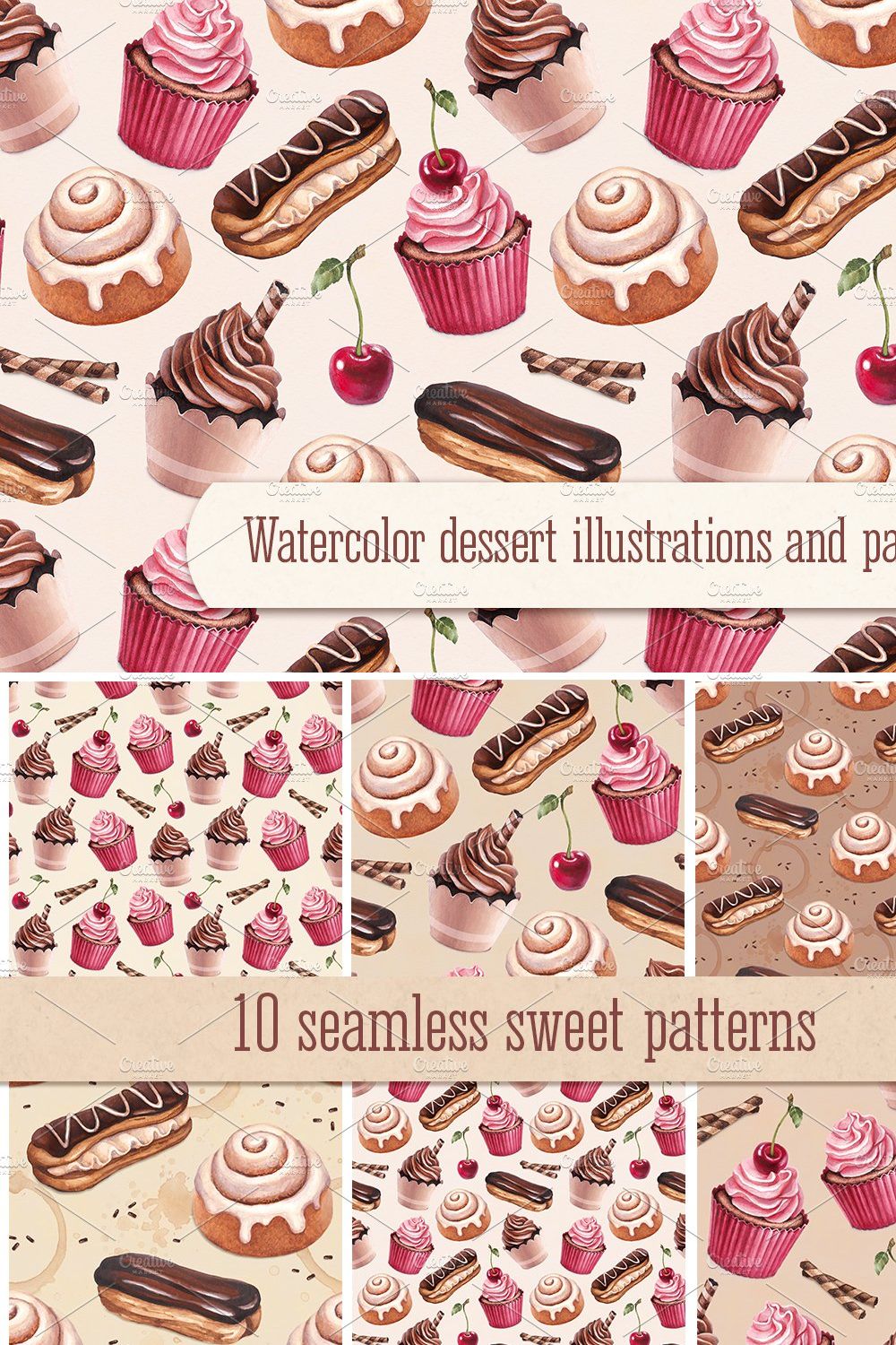 Dessert illustrations and patterns pinterest preview image.