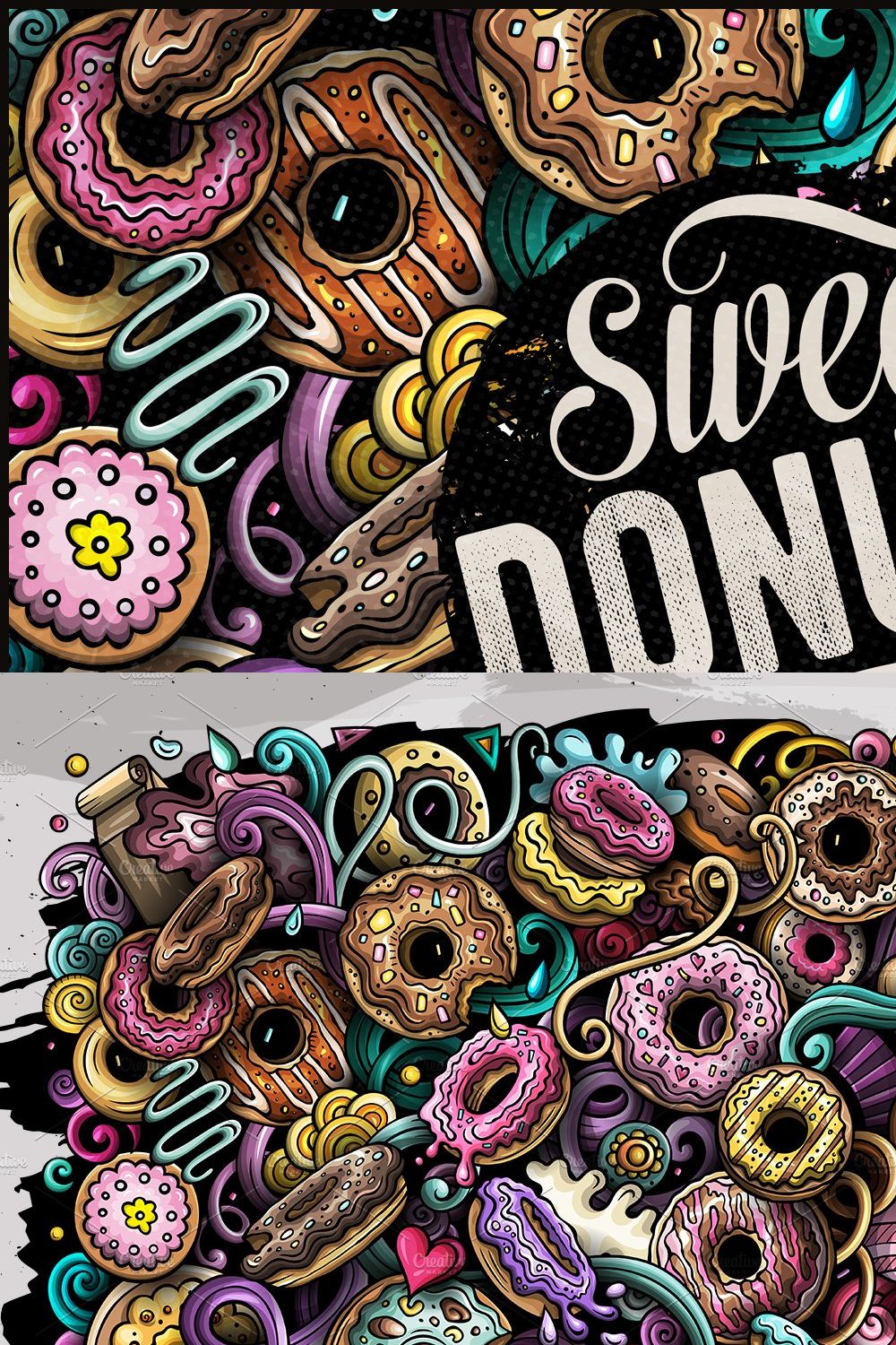 Donuts Vector Doodle Illustration pinterest preview image.