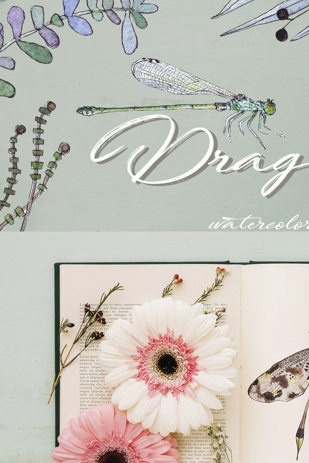 DRAGONFLIES. Watercolor clipart pinterest preview image.