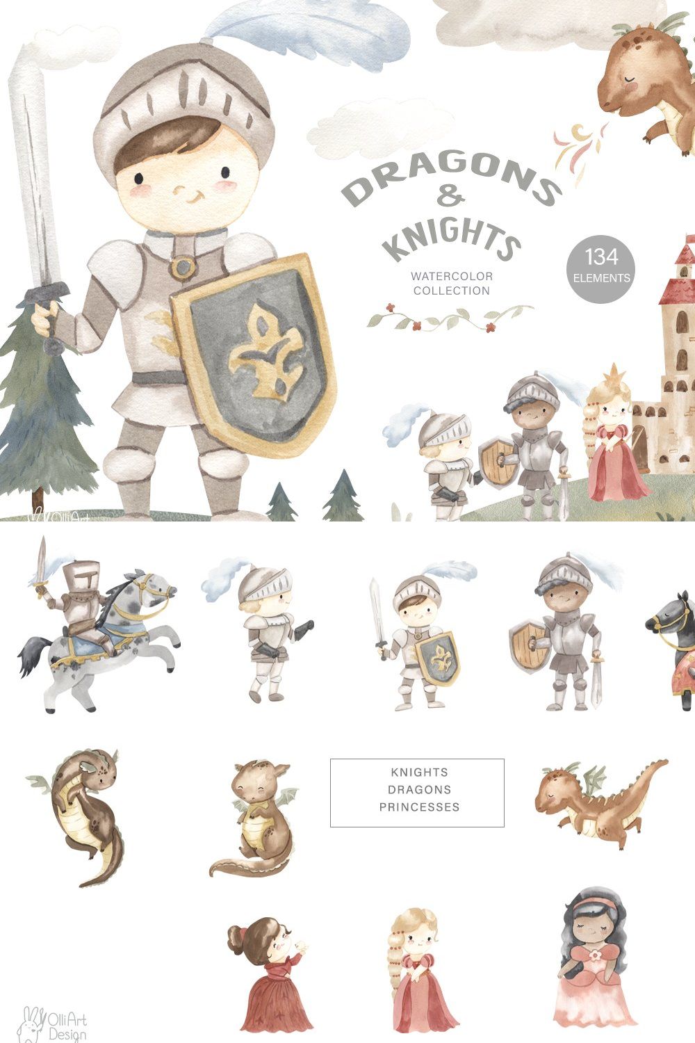 DRAGONS AND KNIGHTS. Watercolor pinterest preview image.