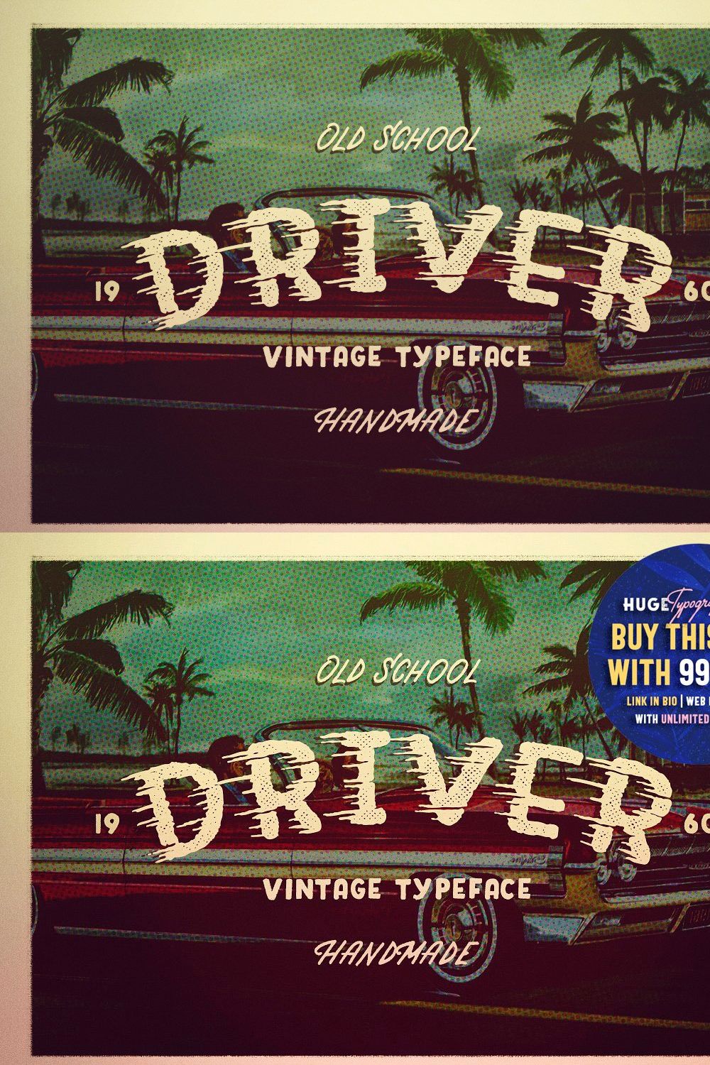 DRIVER • Retro action typeface pinterest preview image.